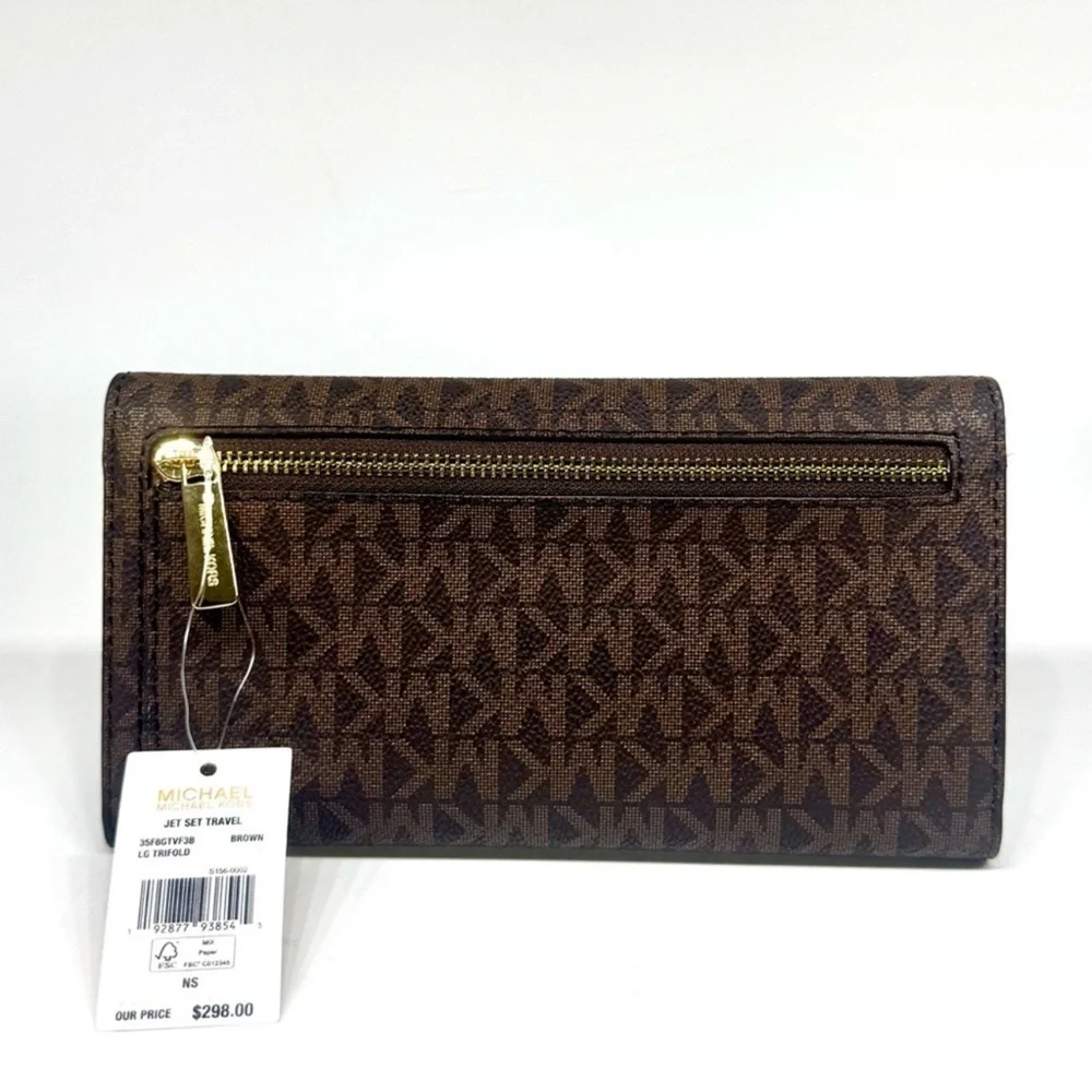 Michael Kors Large Jet Set Travel Trifold Wallet Brown Signature